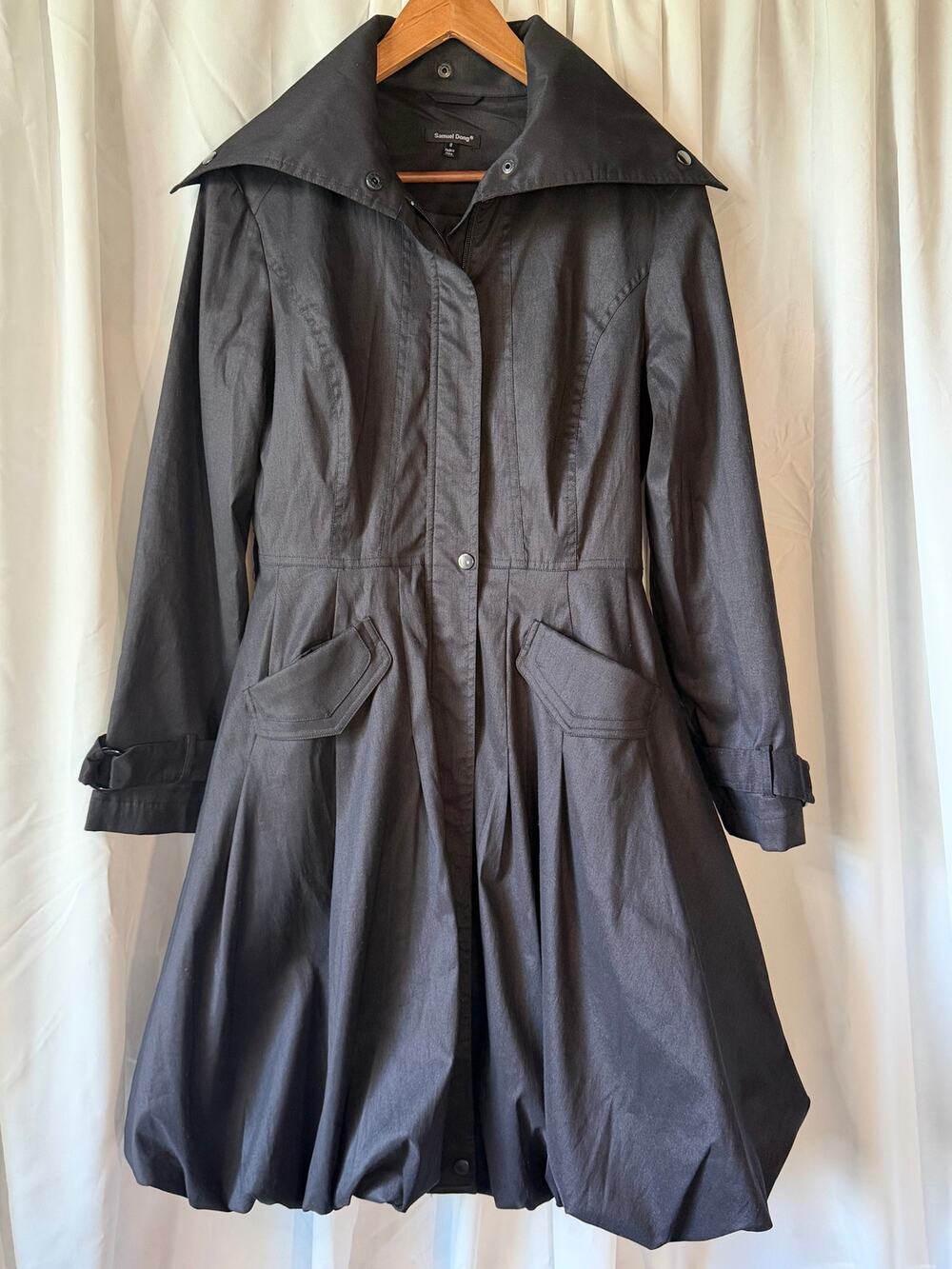 Samuel Dong Black Bubble Hem Small Portrait Collar Dark Academia Peplum Jacket